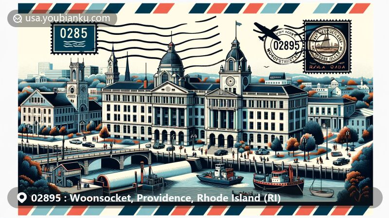 Vintage-style illustration of Woonsocket, Rhode Island, showcasing iconic landmarks like City Hall, Museum of Work and Culture, and historic buildings from South Main Street Historic District, along with Blackstone River and symbols of textile industry and French-Canadian culture.