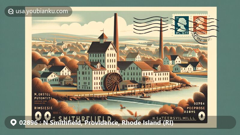 Modern illustration of N Smithfield, Rhode Island, highlighting Slatersville Mill and surrounding villages like Forestdale, Primrose, and Union Village, featuring postal elements and showcasing the '02896' ZIP code.