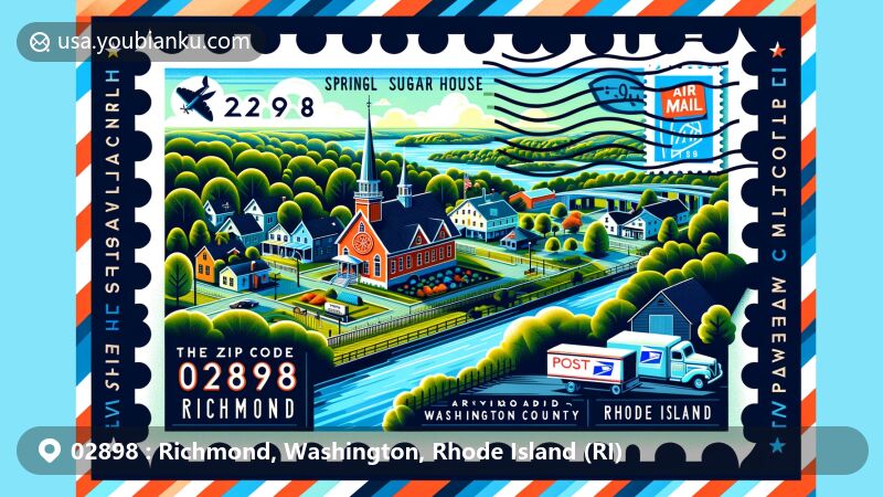 Vibrant illustration of Richmond, Washington County, Rhode Island, featuring postal theme with ZIP code 02898, showcasing Spring Hill Sugar House and scenic forested landscape.