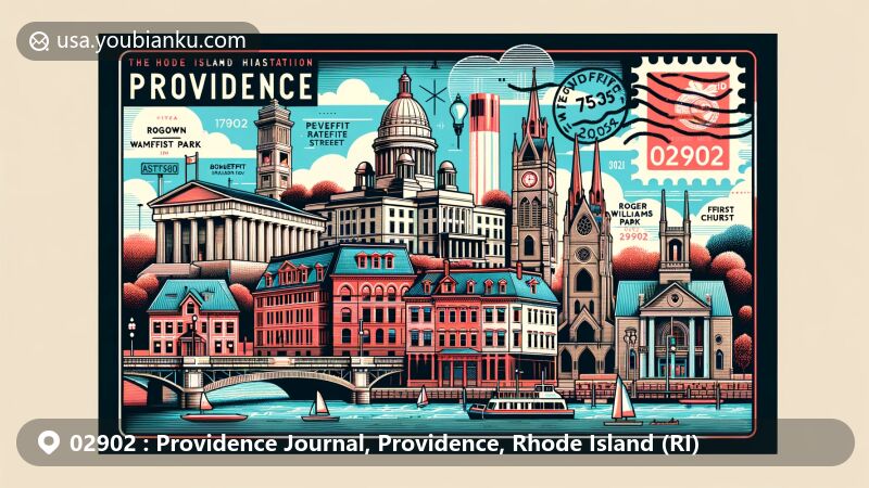 Modern illustration of Providence, Rhode Island, featuring Rhode Island State House, WaterFire installation, Brown University, Benefit Street, Roger Williams Park, and First Baptist Church, in a postcard layout with postal elements highlighting ZIP code 02902.
