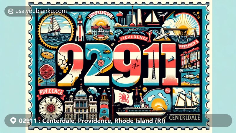 Modern illustration of Centerdale, Providence, Rhode Island (RI), capturing postal theme with ZIP code 02911, featuring state flag, Providence County outline, and iconic local landmark.