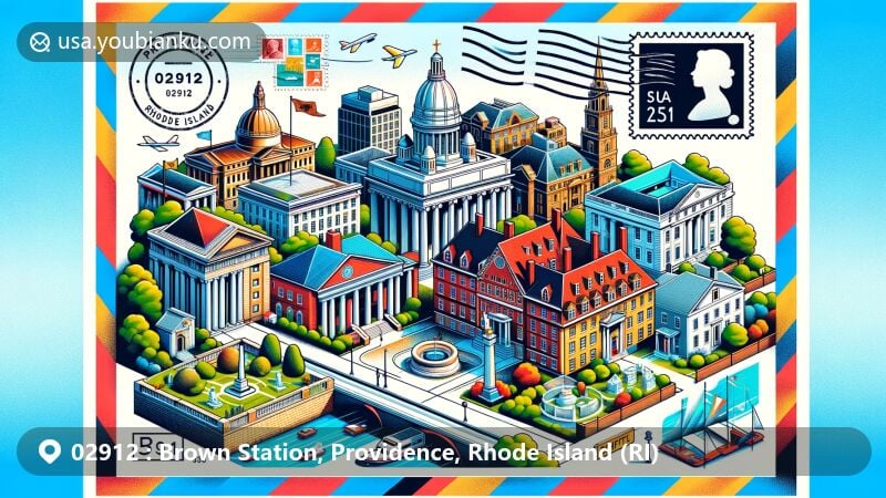 Modern illustration of Providence, Rhode Island, showcasing iconic landmarks near Brown University, designed as an airmail envelope with postcard theme, featuring neoclassical Rhode Island State House, historic Providence Athenaeum, Brown University's buildings, Federal Hill, Benefit Street, Swan Point Cemetery, and Lippitt House Museum.