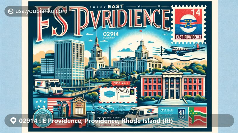Modern illustration of East Providence, Rhode Island, showcasing postal theme with ZIP code 02914, featuring Cape Verdean Museum and cultural diversity.