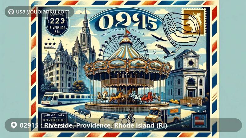 Modern illustration of Riverside, Providence, Rhode Island (RI), depicting iconic landmarks like Crescent Park Looff Carousel and Little Neck Cemetery, featuring Squantum Club and East Bay Bike Path with creative postal elements and 02915 ZIP code.