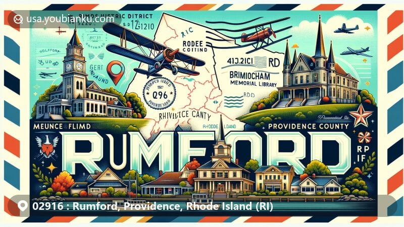 Vintage-style illustration of Rumford, Providence County, Rhode Island, showcasing iconic landmarks like the Rumford Historic District and Bridgham Memorial Library, with postal theme including stamp and postmark 'Rumford 02916'.