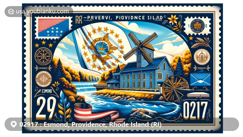 Modern illustration of Allenville Mill in Esmond, Providence County, Rhode Island, featuring scenic beauty and Rhode Island state flag elements, with a focus on ZIP code 02917 and postal theme.