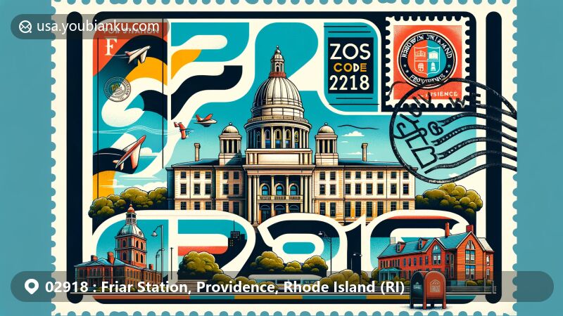 Modern illustration of Providence, Rhode Island showcasing state landmarks like Rhode Island State House and Brown University campus, with postal theme featuring ZIP code 02918, including postal elements like stamps and postmarks.