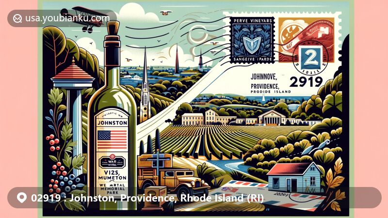 Modern illustration of Johnston, Providence, Rhode Island, with a postal theme showcasing ZIP code 02919, featuring Johnston War Memorial Park, Verde Vineyards, Snake Den State Park, and a creative airmail envelope.