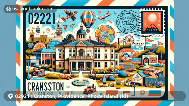 Modern illustration of airmail envelope showcasing US ZIP code 02921 in Cranston, Rhode Island, featuring Governor Sprague Mansion and Pawtuxet Village elements, along with Cranston's cultural symbols and public art.