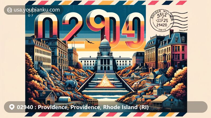 Modern digital art illustration of Providence, Rhode Island, showcasing ZIP code 02940 in a stylized airmail envelope format, featuring iconic landmarks like the Rhode Island State House, WaterFire installation, Brown University, Benefit Street, and Roger Williams Park.