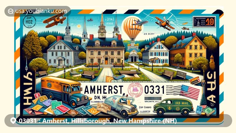 Modern illustration of Amherst, Hillsborough County, New Hampshire, showcasing postal theme with ZIP code 03031, featuring historic village charm and landmark buildings like the Third County Courthouse and Old Burying Ground.