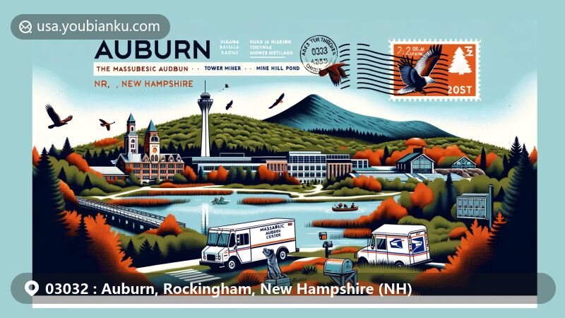 Modern illustration of Auburn, New Hampshire, featuring Massabesic Audubon Center with wildlife areas and hiking trails, Tower Hill Pond, and highlands like Mount Miner, Mine Hill, and Mount Misery, combined with postal elements showcasing postmark, ZIP code 03032, mailboxes, and mail trucks.