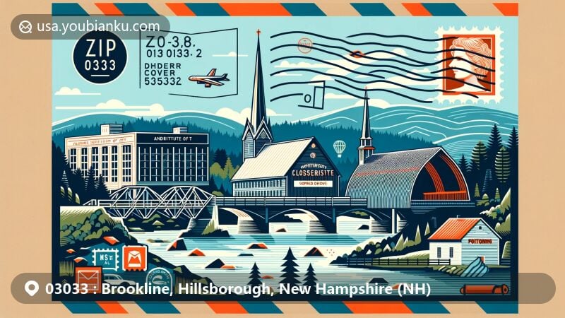 Modern illustration of Brookline, New Hampshire, highlighting Andres Institute of Art, Nissitissit Covered Bridge, and Potanipo Hill, featuring postal theme with ZIP code 03033 and postal elements.