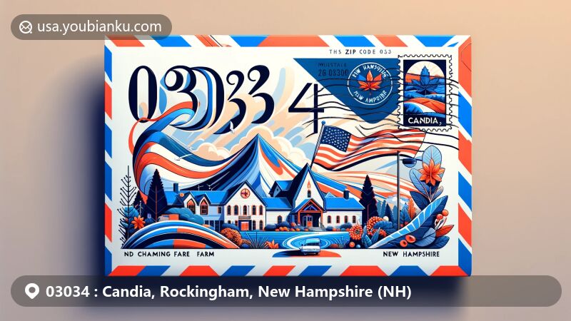 Modern illustration of Candia, Rockingham, New Hampshire, featuring postal theme with ZIP code 03034, showcasing local landmark and New Hampshire state flag.