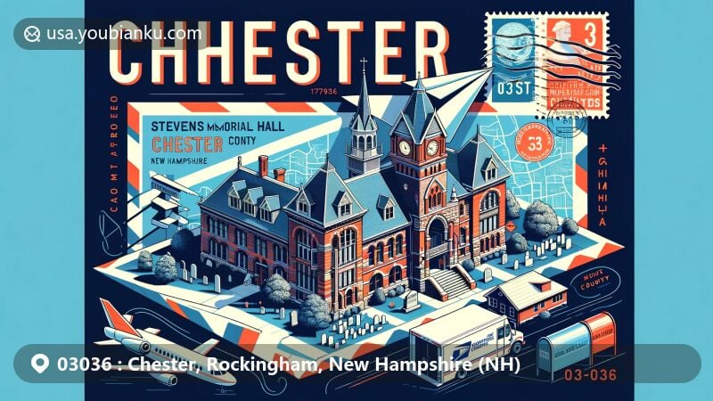 Modern illustration of Chester, Rockingham County, New Hampshire, showcasing Stevens Memorial Hall and Chester Village Cemetery, with Rockingham County map outline in the background, featuring Chester Congregational Church and postal theme with ZIP code 03036.