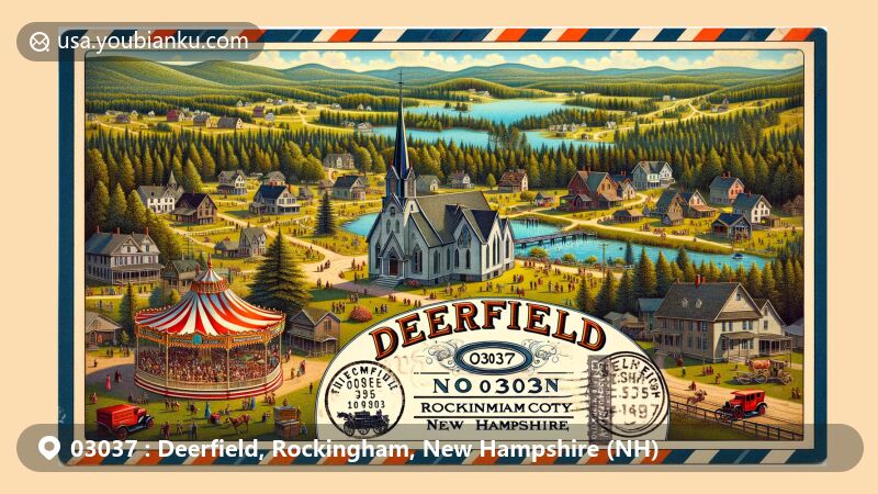 Colorful illustration of Deerfield, Rockingham County, New Hampshire, showcasing rural charm and natural beauty, featuring Deerfield Community Church, scenic landscapes, and the annual Deerfield Fair.