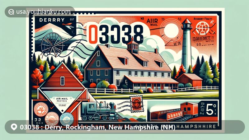 Modern illustration of Derry, Rockingham County, New Hampshire, showcasing Robert Frost Farm against seasonal landscapes, highlighting historical significance as linen and leather center and agricultural community, with postal theme featuring ZIP code 03038.