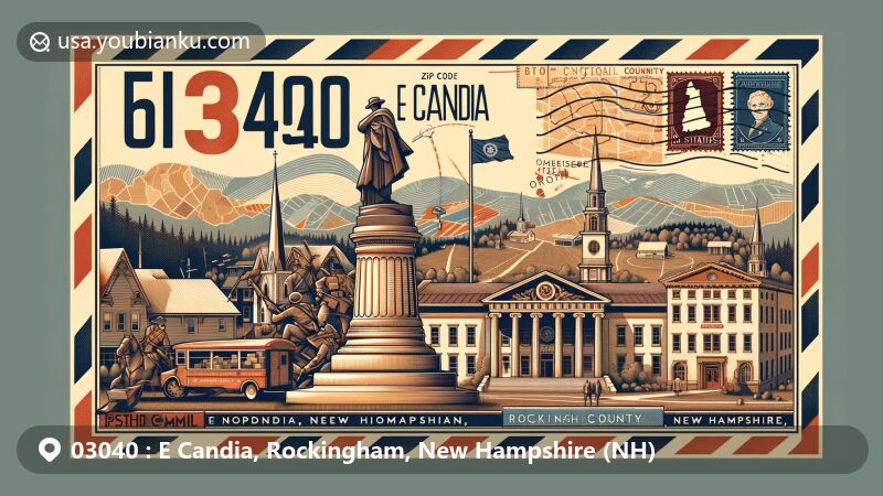 Modern illustration of E Candia, Rockingham, New Hampshire, featuring postal theme with ZIP code 03040, showcasing Soldiers' Monument, Fitts Museum, Candia Vineyards, and classic American mailbox, set against a stylized New Hampshire map and state flag.