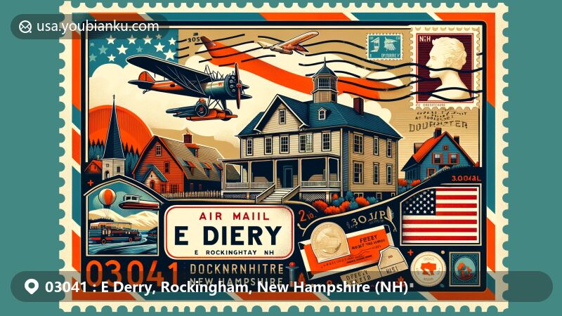 Modern illustration of E Derry, Rockingham County, New Hampshire, highlighting postal theme with ZIP code 03041, featuring vintage air mail envelope with '03041' code and postage stamp, showcasing Matthew Thornton House and Robert Frost Farm, and including state symbols and county outline.