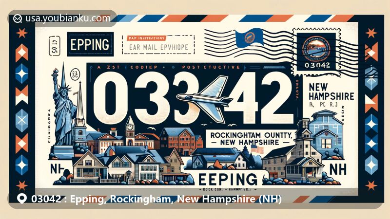 Modern illustration of Epping, Rockingham County, New Hampshire, representing ZIP code 03042, featuring iconic landmarks like Rockingham County map, NH state flag, and local architecture or natural scenery.
