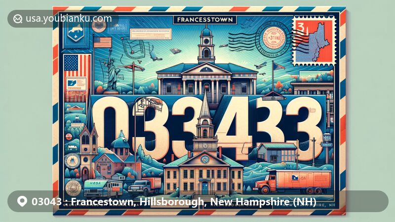 Modern illustration of Francestown, Hillsborough County, New Hampshire, featuring the ZIP code 03043, highlighting iconic landmarks like Francestown Meetinghouse, George Holmes Bixby Memorial Library, and Town Hall and Academy.
