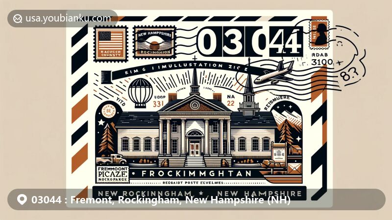 Modern illustration of Fremont, Rockingham, New Hampshire, depicting a postal theme with ZIP code 03044, featuring state symbols and historic landmark Fremont Meeting House.