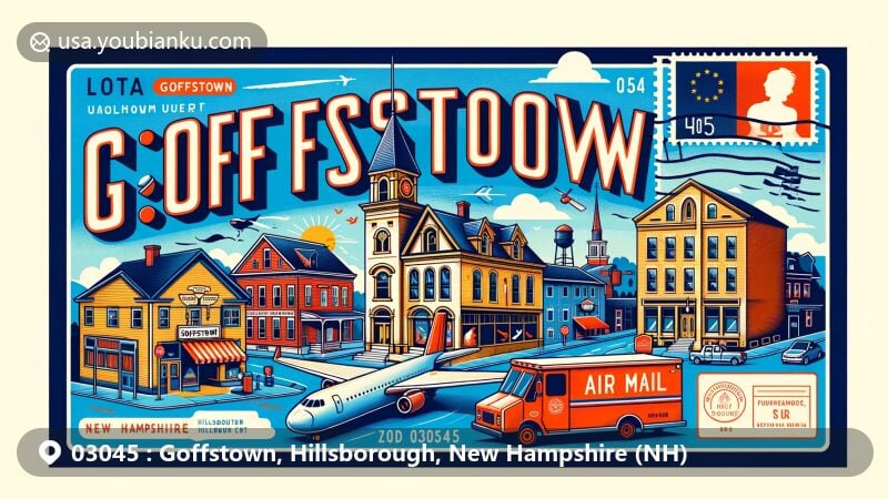 Modern illustration of Goffstown, Hillsborough County, New Hampshire, showcasing postal theme with ZIP code 03045, featuring Goffstown Main Street Historic District and New Hampshire state flag.