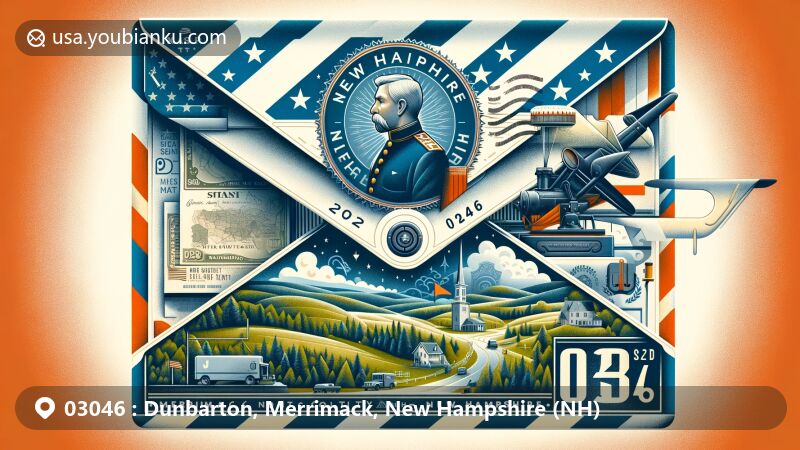 Modern illustration of Dunbarton, Merrimack County, New Hampshire, featuring a creative airmail envelope with the New Hampshire state flag, a map of Merrimack County highlighting Dunbarton, picturesque New England scenery, a depiction of Dunbar Castle, a vintage postal stamp of General John Stark, and the ZIP code 03046.