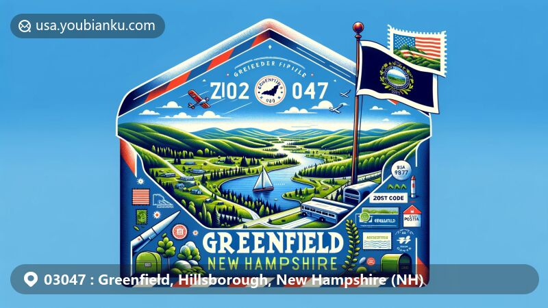 Modern illustration of Greenfield, New Hampshire, portraying airmail envelope theme with ZIP code 03047, featuring Greenfield State Park's scenic beauty and New Hampshire state symbols.