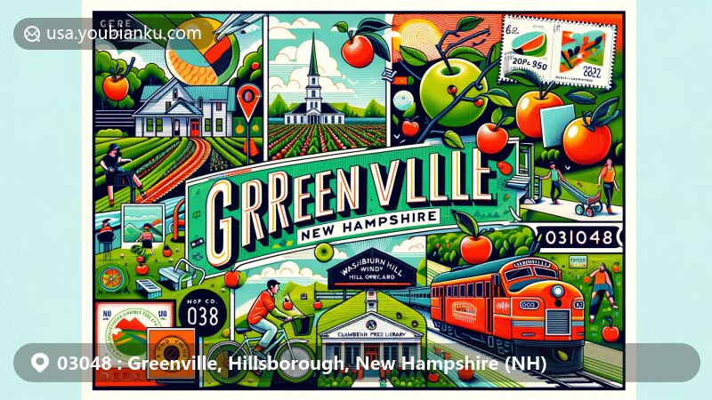 Creative depiction of Greenville, Hillsborough County, New Hampshire, featuring key landmarks like Mason Railroad Trail, Washburn’s Windy Hill Orchard, and Chamberlin Free Public Library, along with outdoor activities and postal elements.