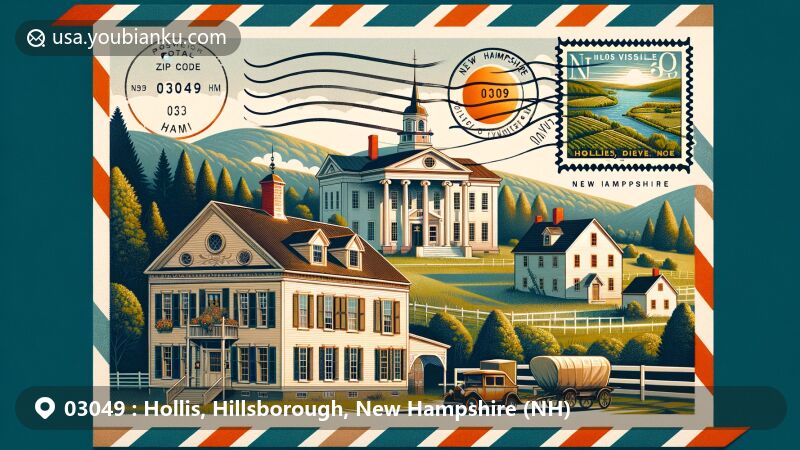 Modern illustration of Hollis, New Hampshire, capturing the postal theme with ZIP code 03049, showcasing the historic district's architecture and agricultural heritage.