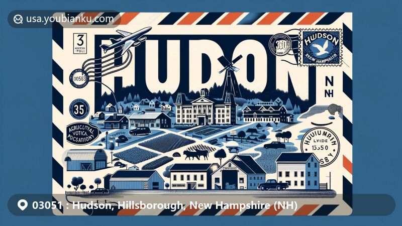 Modern illustration of Hudson, NH postal envelope featuring ZIP code 03051, with landmarks like Hills House, Hills Memorial Library, and Alvirne High School. Includes agricultural education elements and postal motifs, highlighting local culture and history.