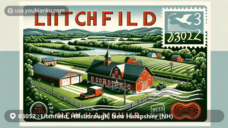 Modern illustration of Durocher Farm in ZIP Code 03052, Litchfield, New Hampshire, showcasing rural charm with Merrimack River landscape, postage elements, and vintage postcard design.
