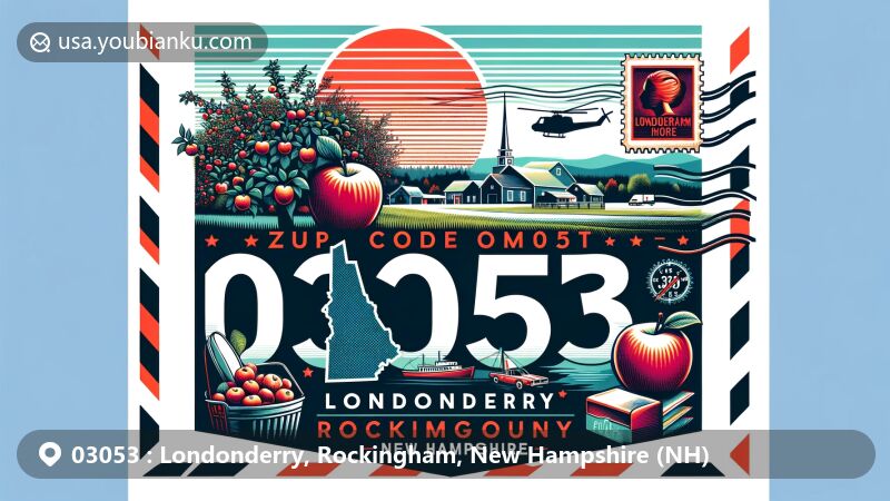 Modern illustration of Londonderry, Rockingham County, New Hampshire, showcasing postal theme with ZIP code 03053, featuring apple orchards and New Hampshire state silhouette.