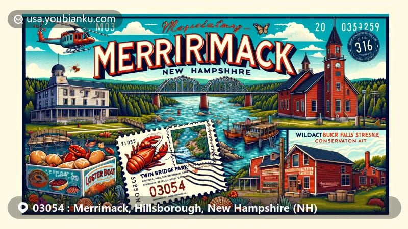 Modern illustration of Merrimack, Hillsborough County, New Hampshire, featuring Twin Bridge Park, Lobster Boat Restaurant, Anheuser-Busch Brewery, and Wildcat Falls Conservation Area, with traditional postal theme elements like vintage postage stamp and red mailbox.