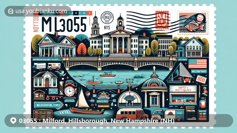 Modern illustration of Milford, Hillsborough County, New Hampshire, highlighting postal theme with ZIP code 03055, featuring Milford State Fish Hatchery, Union Square, Pillsbury Bandstand, and Souhegan River.