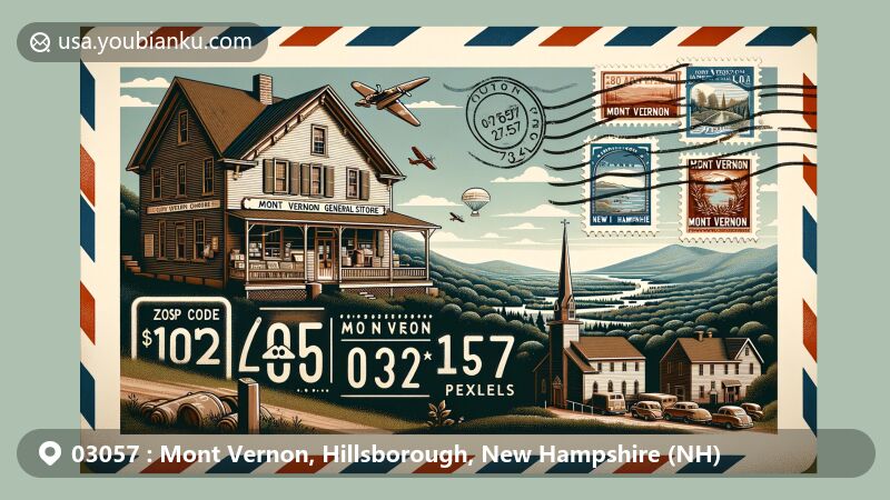 Creative illustration of Mont Vernon, Hillsborough, New Hampshire (NH), capturing the essence of ZIP code 03057 with vintage air mail envelope featuring Mont Vernon General Store, Mont Vernon Congregational Church, and scenic New Hampshire hills.