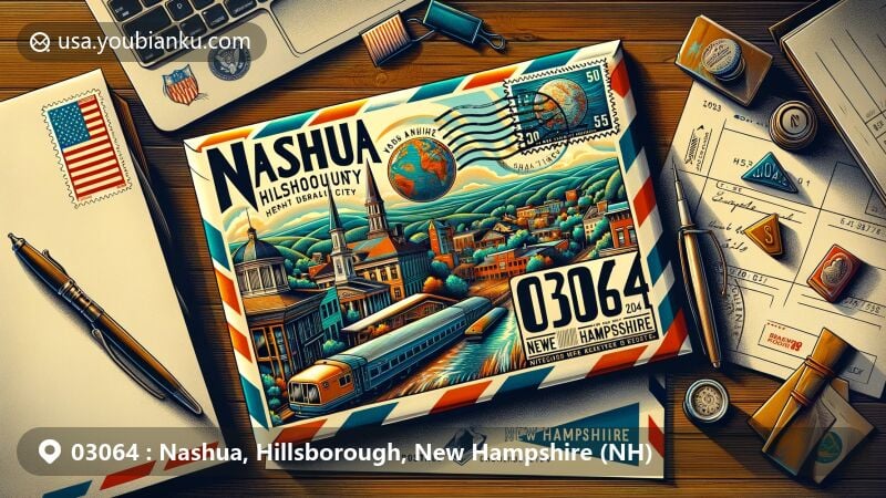 Modern illustration of Nashua, Hillsborough, New Hampshire, highlighting vintage airmail envelope with ZIP code 03064 and iconic city landmarks, featuring Nashville Historic District and New Hampshire state flag.