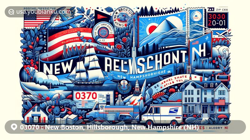 Modern illustration of New Boston, Hillsborough, New Hampshire (NH), featuring Joe English Hill, Applejacks & Co, Tates Gallery, and the state flag with blue background, state seal, frigate Raleigh, laurel leaves, and nine stars, resembling a wide postcard or airmail envelope with postal elements like postage stamp, postmark with ZIP Code 03070, mailbox, and postal van.