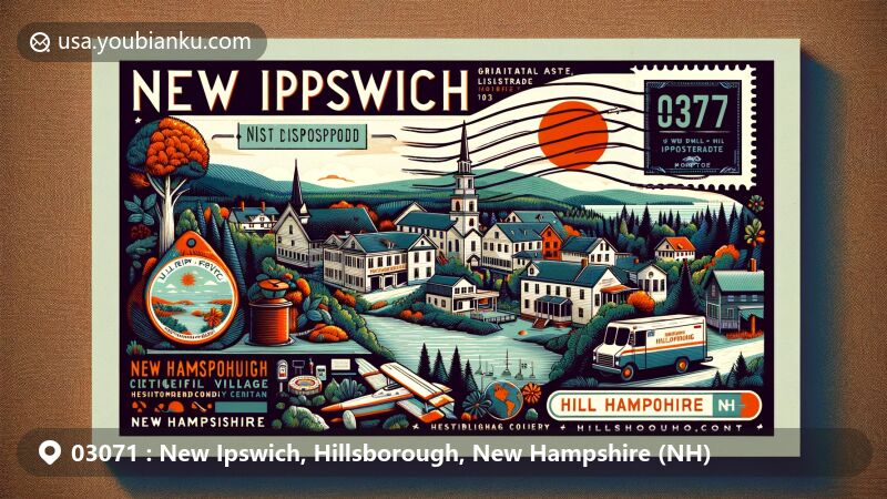 Modern illustration of New Ipswich, Hillsborough County, NH, showcasing postal theme with ZIP code 03071, featuring local landmarks and New Hampshire state symbols.