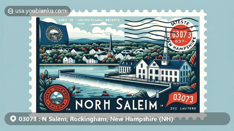Modern illustration of North Salem, New Hampshire, with postal theme showcasing ZIP code 03073, featuring Arlington Mill Reservoir and Salem Town, incorporating state symbols.