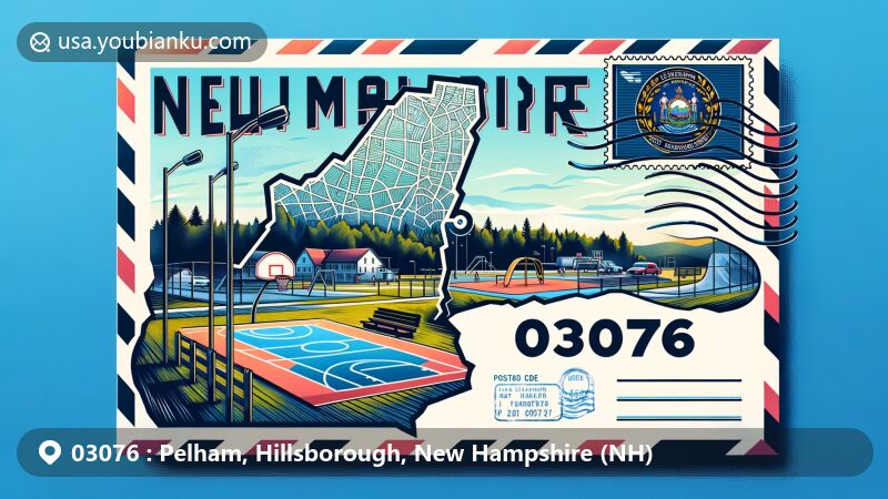 Modern illustration of Pelham, New Hampshire, depicting postal theme with ZIP code 03076, featuring Dennis P. Lyons Memorial Park, basketball court, skate park, map outline, New Hampshire flag, stamp, postmark.