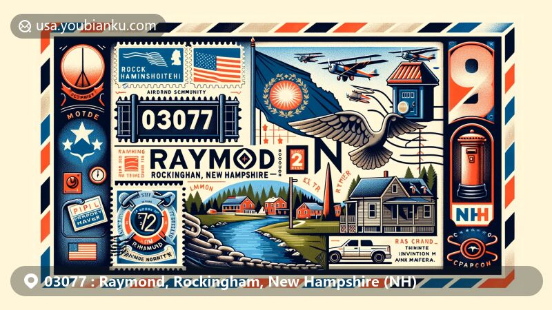Modern illustration of Raymond, Rockingham, New Hampshire, highlighting New England charm, community spirit, and natural connections, featuring state flag, county outline, chain link fence symbol, Lamprey and Exeter Rivers.