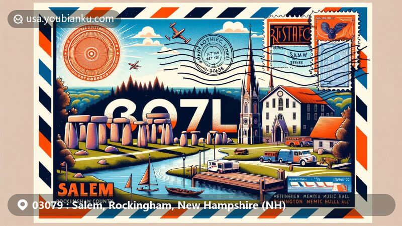 Modern illustration of Salem, Rockingham County, New Hampshire, showcasing key landmarks like America's Stonehenge, Arlington Mill Reservoir, and Methuen Memorial Music Hall, with postal elements including postage stamp, postmark with ZIP code 03079, and a mailbox.