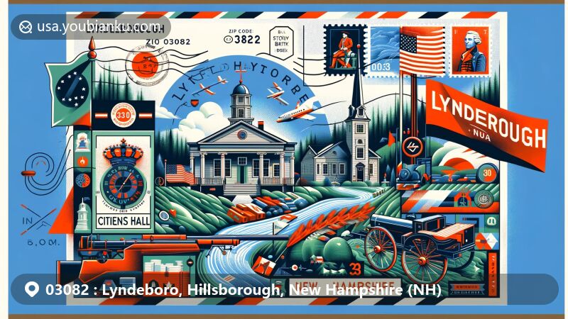 Modern illustration of Lyndeborough, Hillsborough County, New Hampshire, highlighting Citizens' Hall and Lafayette Artillery Company, blending with Stony Brook and Curtis Brook's natural beauty, featuring postal elements and ZIP code 03082, and including the New Hampshire state flag.