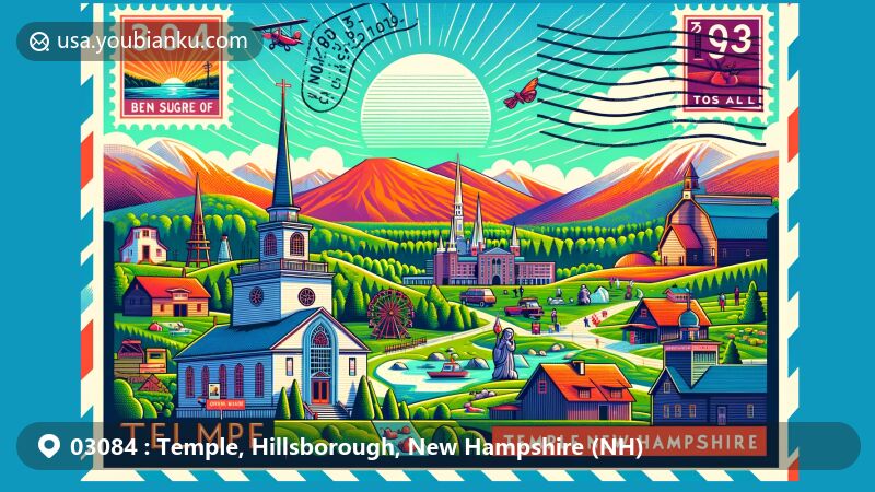 Vibrant illustration of Temple, Hillsborough County, New Hampshire, depicting postal theme with ZIP code 03084, showcasing iconic landmarks like Temple Forest Monastery and Ben’s Sugar Shack, surrounded by mountains and green fields.