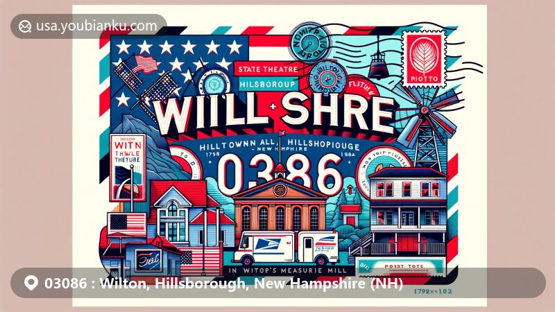Modern illustration of ZIP code 03086 in Wilton, Hillsborough, New Hampshire, featuring postal elements like stamps, postmark, mailbox, and mail truck, along with regional highlights such as New Hampshire state flag, Wilton Town Hall Theatre, Hilltop Café, and Frye's Measure Mill.