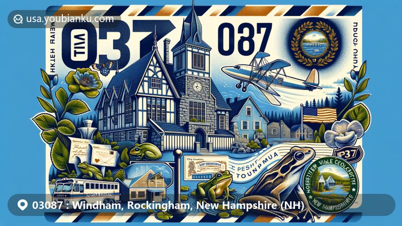 Modern illustration of Windham, Rockingham County, New Hampshire, depicting ZIP code 03087 with Tudor-style Searles School & Chapel, cultural frog imagery, New Hampshire state symbols, and historical landmarks.