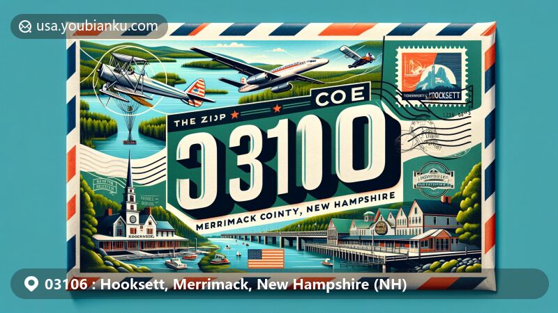 Modern illustration of Hooksett, Merrimack County, New Hampshire, showcasing postal theme with ZIP code 03106, featuring Merrimack River and Robie's Country Store, surrounded by lush greenery and New Hampshire state flag.