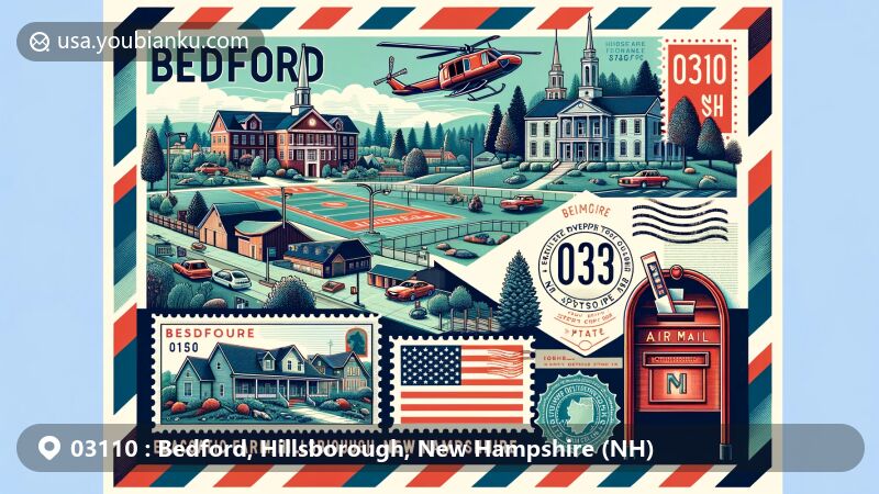 Modern illustration of Bedford, Hillsborough, New Hampshire, featuring Joppa Hill Educational Farm, NH Sportsplex, upscale neighborhoods, state flag, vintage postage stamp, postal cancellation with '03110', and classic red mailbox.